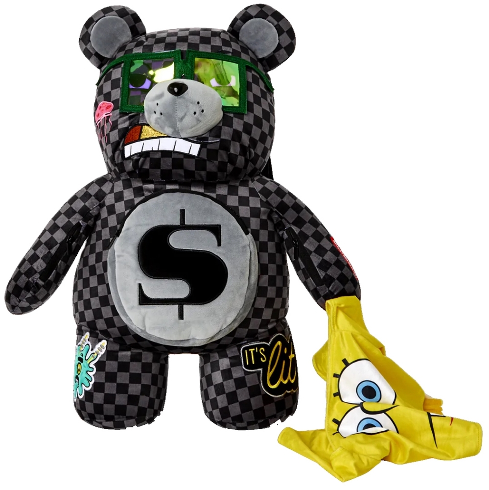 🩷SPRAYGROUND🩷😊 Spongebob😊 SquarePants Money Bear Backpack,grey checker pants